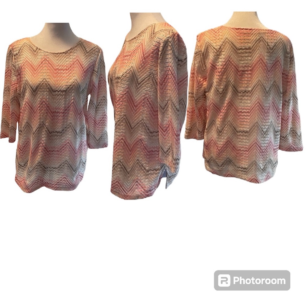 Alfred Dunner Multicolor Chevron Print 3/4 Sleeve Knit Blouse Size PM